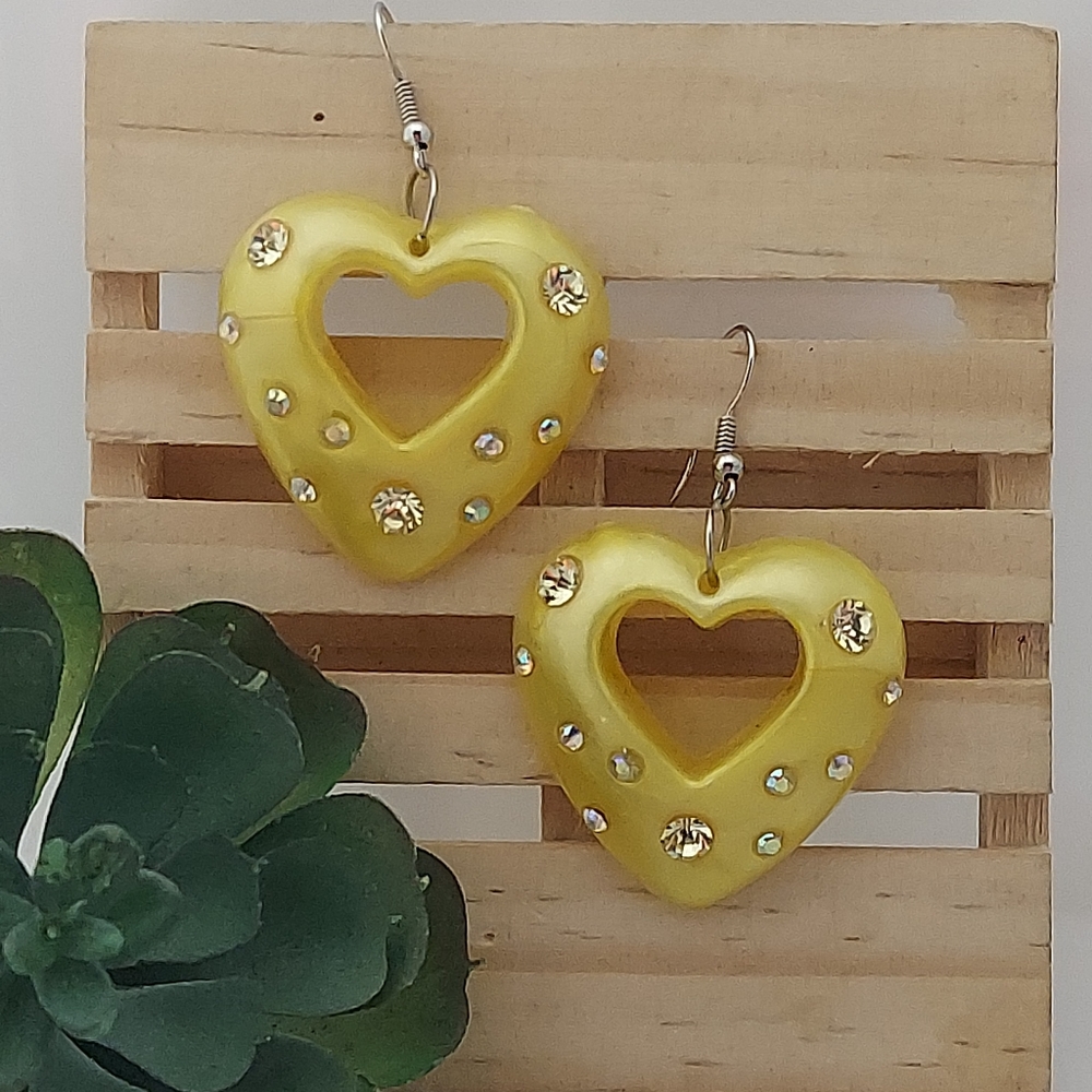 E1419 Chunky Crystal Yellow Heart Drop Earrings